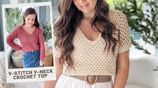 VStitch VNeck Crochet Summer Top Seamless TopDown Construction long and short sleeve pattern [upl. by Yenhpad]