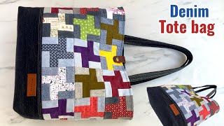 How to sew denim patchwork tote bag tutorial from fabric and jeans scraps  diy tote bag tutorial [upl. by Aineles]