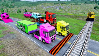 Double Flatbed Trailer Truck vs Speedbumps Train vs Cars  Tractor vs Train BeamngDrive 215 [upl. by Arytal]