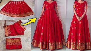 Anarkali dress cutting amp stitching easily   Convert saree into long gownfrockdress  Saree reuse [upl. by Odine208]