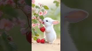 Cute little bunny happily eating strawberries trending bunny cute rabbit [upl. by Ikiv]