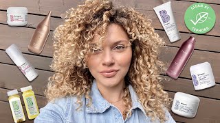 WASH WEEK ROUTINE USING ONLY CLEAN CURLY HAIR PRODUCTS first impressions [upl. by Anitsihc923]