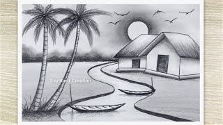 How to Draw Sunset Landscape Scenery with Pencil Pencil Sketch for Beginners [upl. by Swartz]