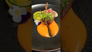 Tender beef served with red pepper cream zucchinis and watercress food cooking gastronomy [upl. by Ettinger]