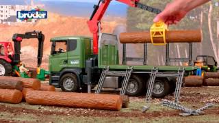 Bruder Toys Scania RSeries Timber truck with loading crane and 3 trunks 03524 [upl. by Adnahcir]