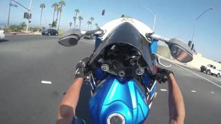 GSXR750 Crash when 1st gear stuck trying to shift from a stop 1st through 3 gear wheelie [upl. by Tnarb993]