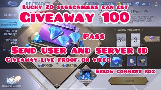 MLBB WEEKLY DIAMOND PASS GIVEAWAY  20 RANDOM SUBSCRIBERS CAN GET 100 PASS FREE  PROOF ON VIDEO [upl. by Salohcim]