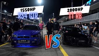 1550HP R34 GTR vs 2000HP Twin Turbo R8 [upl. by Baumann947]