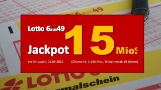 Lotto Jackpot am Mittwoch 292015 Für richtige Zahlen winken 15 Mio € [upl. by Nauqat]