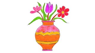 How to draw a vase with flowers  Easy flower vase drawing with colour [upl. by Dysart]