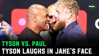 Mike Tyson vs Jake Paul Tyson Laughs In Jakes Face  Face Off [upl. by Animlehliw425]