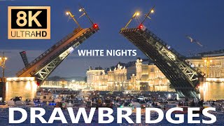 Drawbridges in Saint Petersburg  8К ULTRA HD 50fps🎧 White Nights  Walking And Boat Tour  Russia [upl. by Shellans]