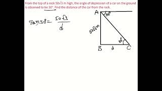 From top of a rock 50√3 m high angle of depression of a car on ground is observed to be 30° Find [upl. by Ninnetta689]