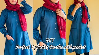 DIY  Easy placket neck Kurtha with front pocket collar neck KurthaV placket neck design [upl. by Alair576]