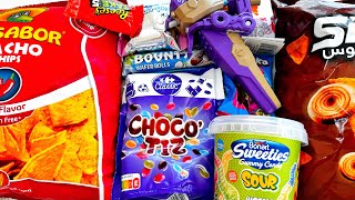 Snack opening video Choco tiz sweeties sour gummy Reess cakes oreo pie bazooka candy bounty rolls [upl. by Anitsyrhk973]