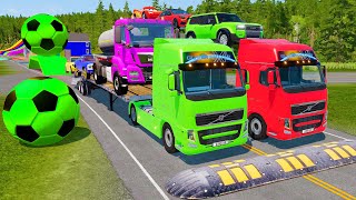 Double Flatbed Trailer Truck vs Speedbumps Train vs Cars  Tractor vs Train BeamngDrive 028 [upl. by Nednal394]