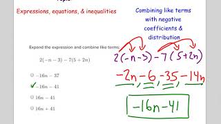 2 Combining like terms with negative coefficients amp distribution [upl. by Rossing]