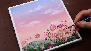 Cosmos Flowers  Landscape  Easy acrylic painting for beginners  PaintingTutorial  Painting ASMR [upl. by Blalock319]