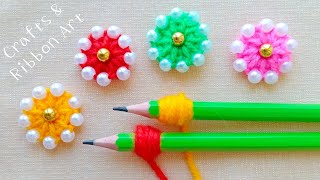 Amazing Woolen Craft Ideas with Pencil  Hand Embroidery Easy Trick  DIY Woolen Flower Sewing Hack [upl. by Aisenat]