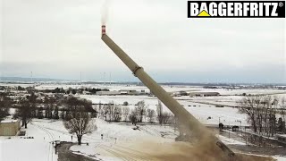 Sprengung 100mSchornstein Lafarge  blasting of 100m high smokestack  drone view  slow motion [upl. by Stearn]