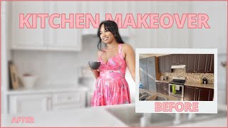 Renter friendly kitchen makeover  Cabinet upgrade diy countertops amp backsplash [upl. by Holub]