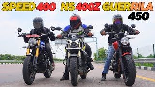 Royal Enfield Guerrilla 450 vs Triumph Speed 400 vs Pulsar NS400Z Drag Race 🔥🔥  Triple Battle [upl. by Paula183]