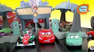 Flos V8 Cafe Dragstrip Action Shifters Radiator Springs Playset Disney Cars 2 Toy Review [upl. by Ahsataj543]