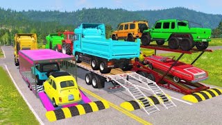 Flatbed Trailer Cars Transportation with Truck  Speedbumps vs Cars vs Train [upl. by Anayek]