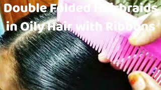 Twinbraids in Oilyhair with ribbons 🎀backtoschool schoolideas haircare ribbonhairstyle longhair [upl. by Rad]