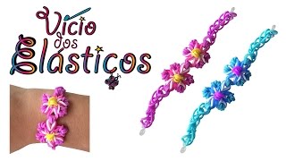 Como fazer Pulseira de Elásticos com duas flores sem tear  Rainbow Loom [upl. by Reve]