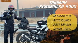 Triumph Scrambler 400X Accessories Modification First Service and All Riding Gears You Need [upl. by Henryson]