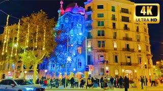 🎅🏽Christmas Decor in Posh Barcelona Streets 🎄Walking in Central Barcelona 4K HDR [upl. by Lia146]