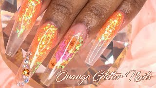 Acrylic Nails Tutorial  How To Encapsulated Nails Orange Glitter Real Flowers  with Nail Forms [upl. by Llenrub]