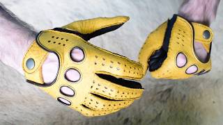 Black Yellow Driving Gloves Peccary Leather Handmade Hand Sewn [upl. by Aleron]