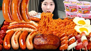 ASMR MUKBANG 직접 만든 까르보 불닭볶음면 소세지 먹방 amp 레시피 FRIED SAUSAGES AND FIRE NOODLES EATING [upl. by Nnyl533]