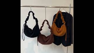 Hobo Bags Nubuck Velvet Leather Womens Large Ruffle Shoulder Strap Zip Handbags [upl. by Bray]