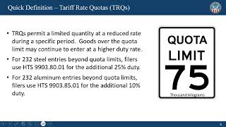 US Customs Border amp Protection Section 232 Quotas Webinar [upl. by Lyrad933]