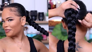 SUPER SLEEK LONG BRAIDED PONYTAIL ON NATURAL HAIR  Protective Style  Arnellarmon [upl. by Gnihc]