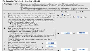 IRA Deduction Worksheet walkthrough Schedule 1 Line 20 [upl. by Cowles]