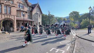 Drum Major leads Huntly Pipe Band playing Steamboat on march to 2024 Braemar Gathering in Scotland [upl. by Palestine]