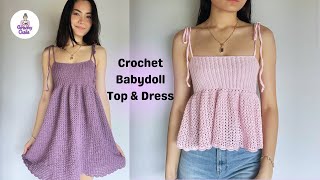 Crochet babydoll top amp dress tutorial🎀 [upl. by Hakeber]