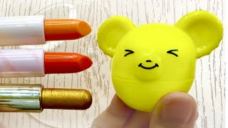 ASMR Mixing Lipstick amp Lip balm into Slime Yellow Makeup Slime Satisfying Slime Videos [upl. by Arikat503]