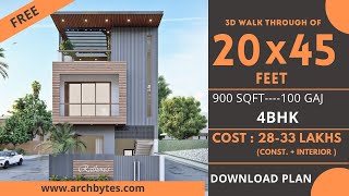 20x45 House Design 3D  900 Sqft  100 Gaj  4 BHK  Modern Design  Terrace Garden  6x14 Meters [upl. by Patsy]