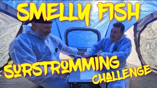 Would you eat the SMELLY FISH   SURSTROMMING SMELLY FISH challenge in a Night Cat Pop Up Tent [upl. by Hannej]