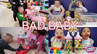 Toys AndMe  Bad Baby Bottle Bubble Gum Gumballs  Real Food Fight Messy Babies [upl. by Kassaraba]