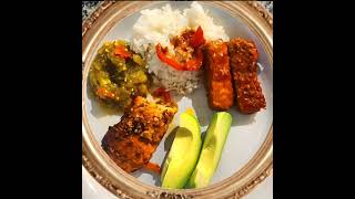 Dinner is Served Salmon Eggplant White rice Plantbased ribs amp Avocado [upl. by Asp937]