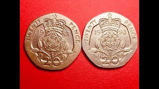 UK 20 Twenty Pence Coins 1983 amp 1993 ELIZABETH II 2nd and 3rd Portraits [upl. by Ahsiret]