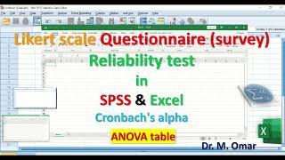 Likert scale Questionnaire survey Reliability test in SPSS amp Excel Cronbachs alpha ANOVA table [upl. by Christye]