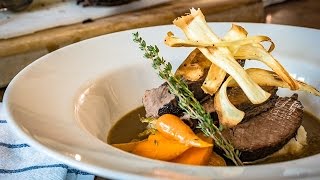 Pot roasted beef brisket with root vegetable mash parsnip crisps and horseradish by Food Urchin [upl. by Essinger]