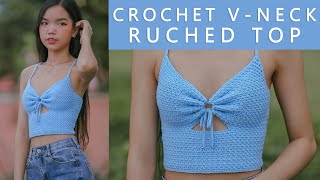 Easy Crochet V Neck Ruched Top Tutorial  Crochet V Neck Top  Chenda DIY [upl. by Rusel]